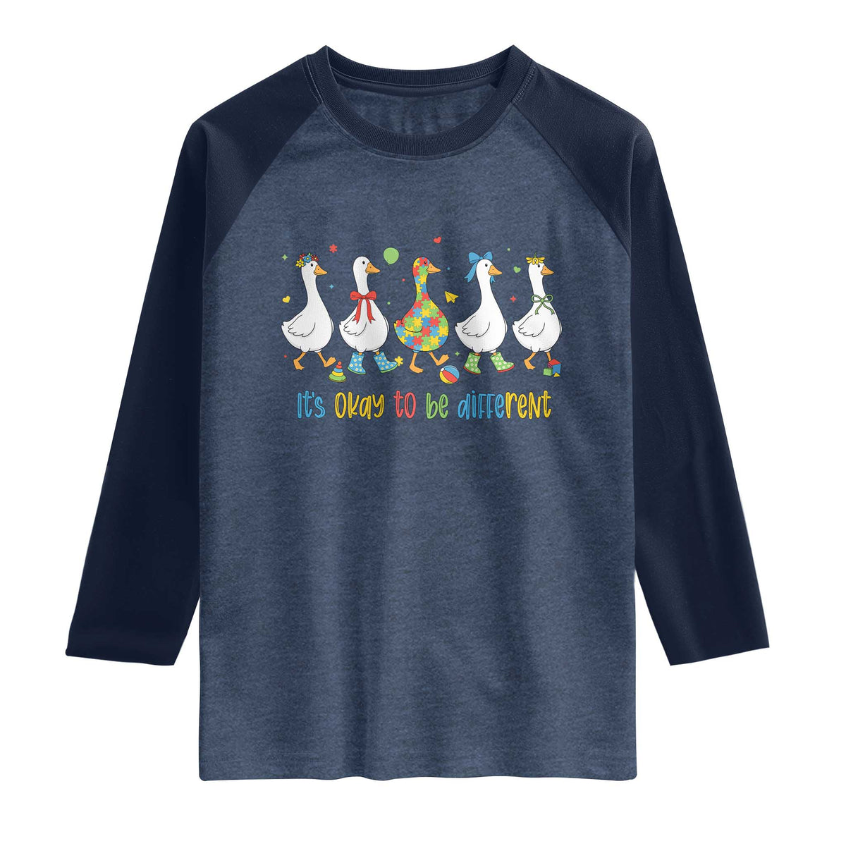 Funny Autistic Goose Raglan Shirt It Is Okay To Be Different Autism Awareness TS11 Heather Denim Navy Print Your Wear