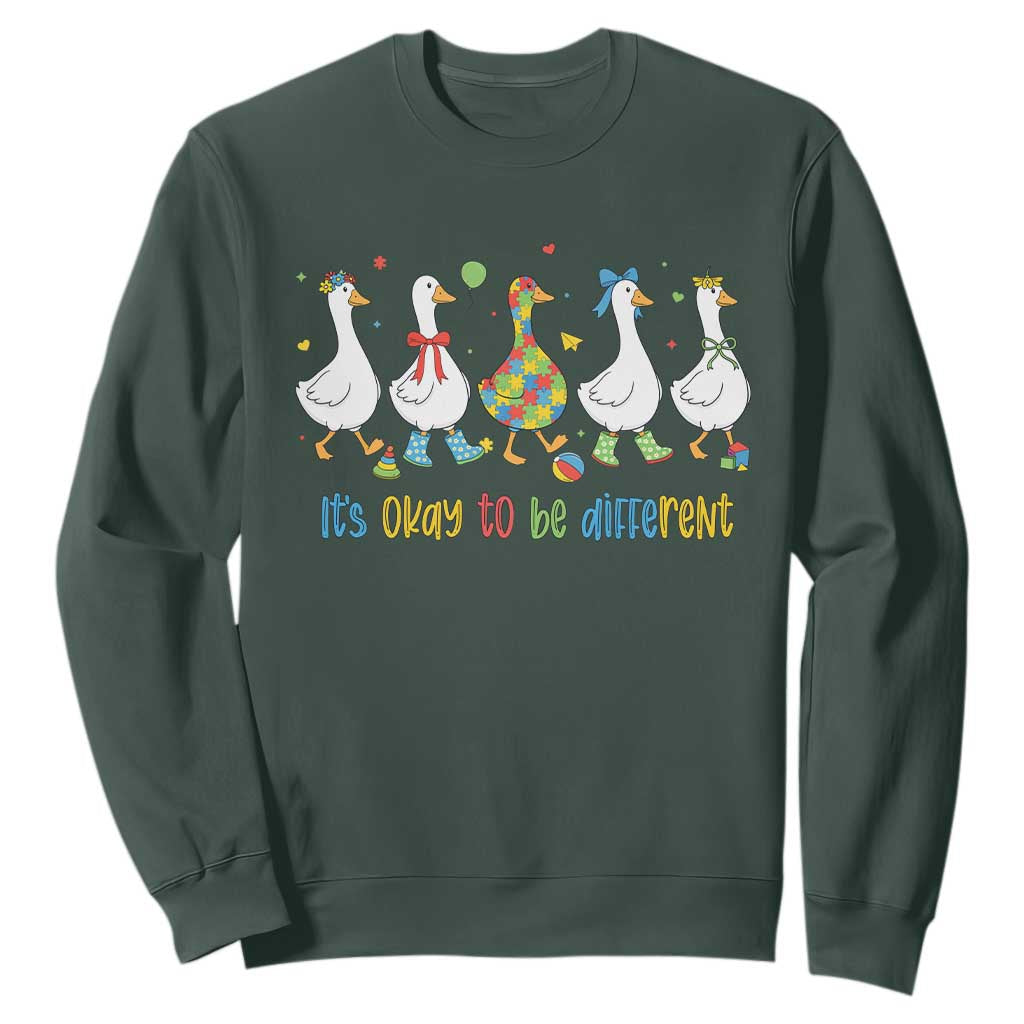 Funny Autistic Goose Sweatshirt It Is Okay To Be Different Autism Awareness TS11 Dark Forest Green Print Your Wear