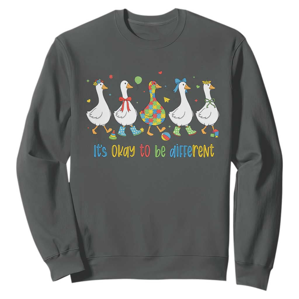 Funny Autistic Goose Sweatshirt It Is Okay To Be Different Autism Awareness TS11 Dark Heather Print Your Wear
