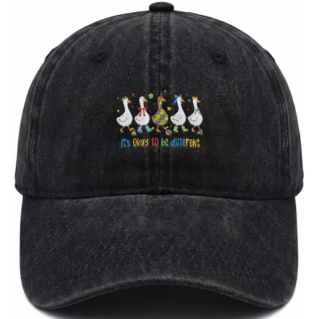 Funny Autistic Goose Washed Cotton Baseball Cap It Is Okay To Be Different Autism Awareness TS11 Print Your Wear