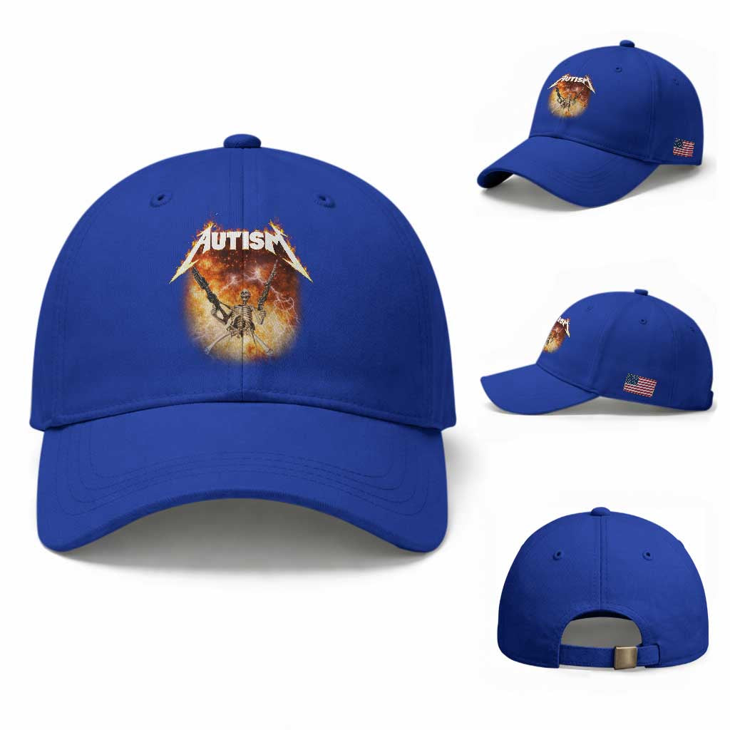 Autism Skeleton Funny Meme Baseball Cap Fire Burning Flames TS11 Baseball Cap Universal Fit Royal Blue Print Your Wear