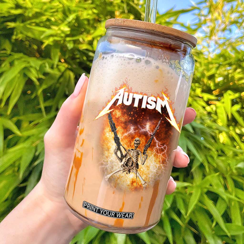 Autism Skeleton Funny Meme Glass Can Fire Burning Flames TS11 Black Print Your Wear