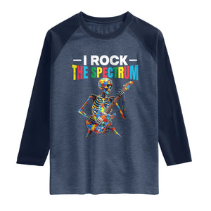 Autism Skeleton Rocker Raglan Shirt I Rock The Spectrum Autism Awareness TS11 Heather Denim Navy Print Your Wear