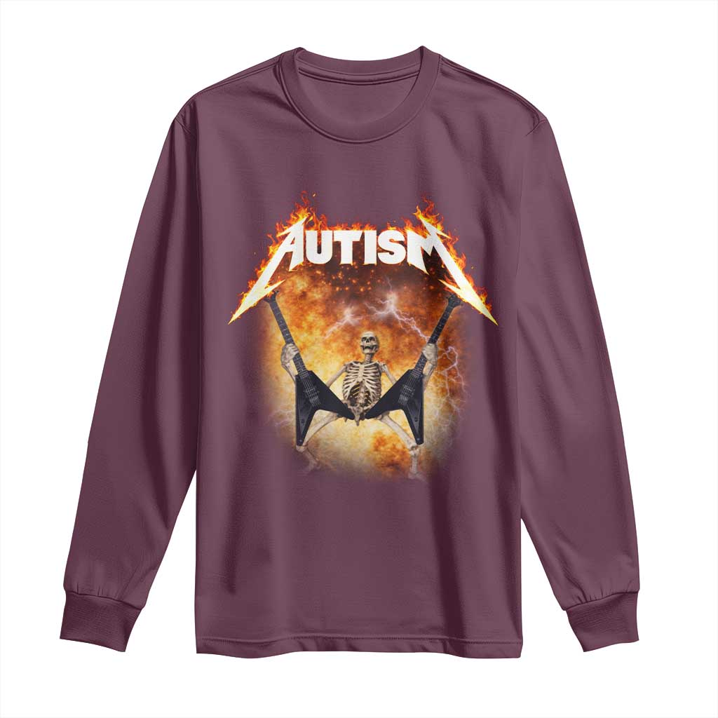 Autism Skeleton Rocker Long Sleeve Shirt Hardcore Rock Style Artwork TS11 Maroon Print Your Wear