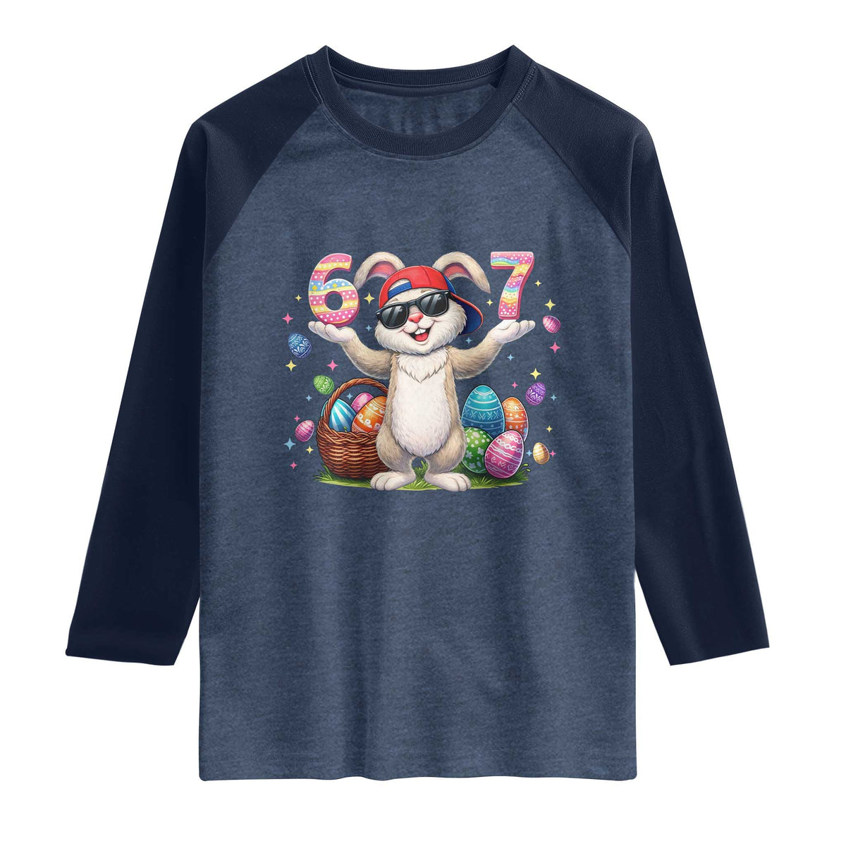 Funny Easter Day Six Seven 67 Bunny Boys Kids Raglan Shirt TS11 Heather Denim Navy Print Your Wear
