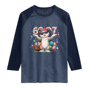 Funny Easter Day Six Seven 67 Bunny Boys Kids Raglan Shirt TS11 Heather Denim Navy Print Your Wear