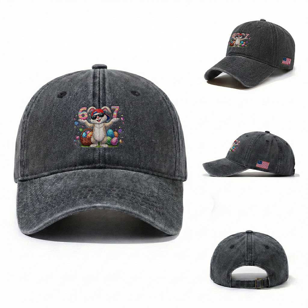 Funny Easter Day Six Seven 67 Bunny Boys Kids Washed Cotton Baseball Cap TS11 Washed Cap Universal Fit Dark Gray Print Your Wear