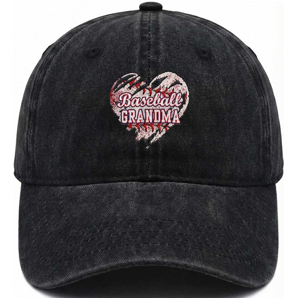Baseball Grandma Washed Cotton Baseball Cap Vintage Baseball Heart Game Day TS11 Print Your Wear
