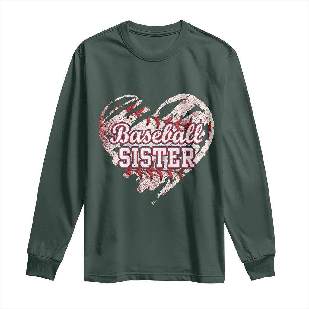 Baseball Sister Long Sleeve Shirt Vintage Baseball Heart Game Day TS11 Dark Forest Green Print Your Wear