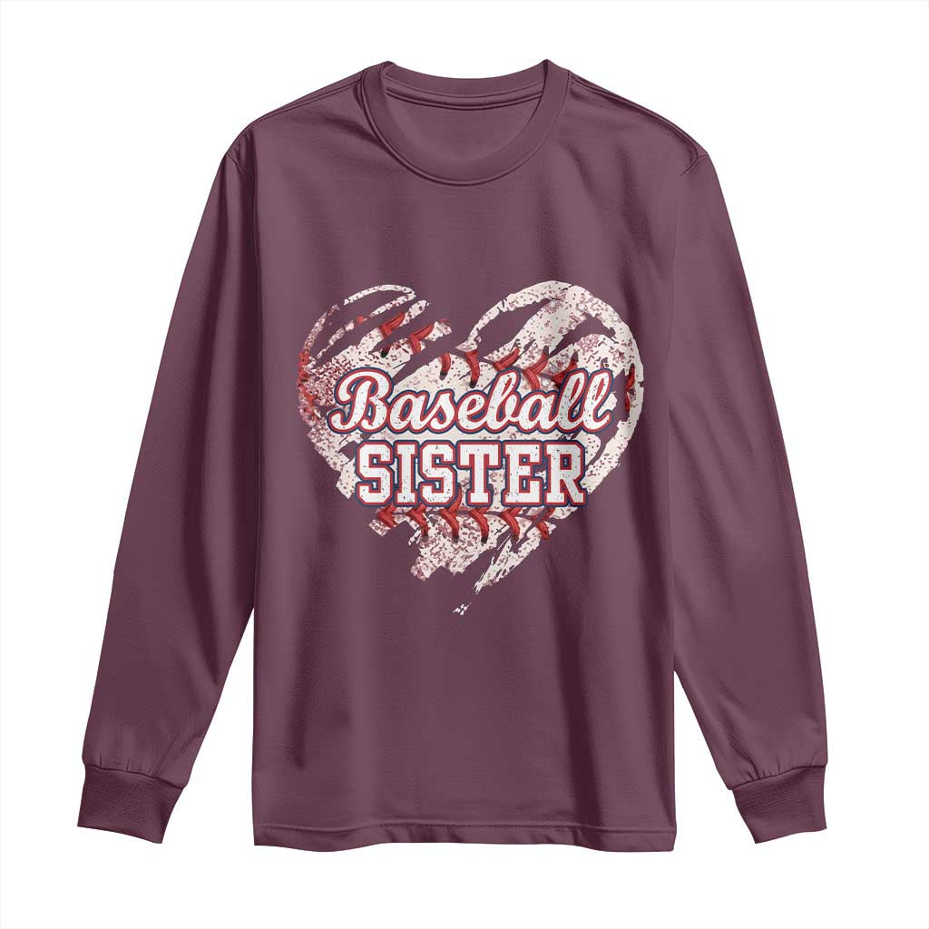 Baseball Sister Long Sleeve Shirt Vintage Baseball Heart Game Day TS11 Maroon Print Your Wear