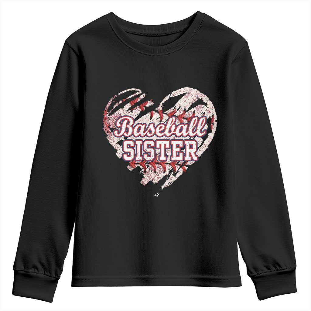 Baseball Sister Youth Sweatshirt Vintage Baseball Heart Game Day TS11 Black Print Your Wear