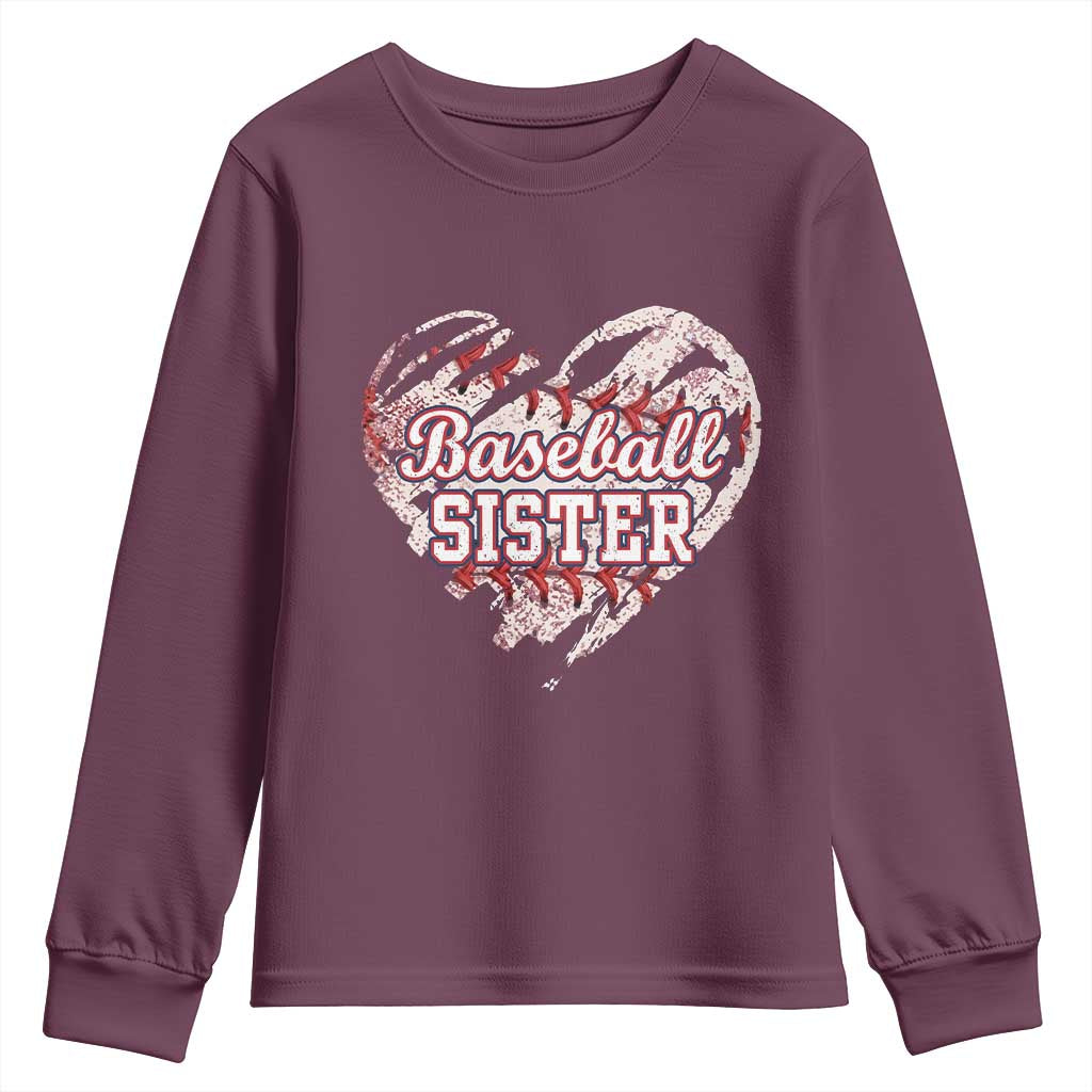 Baseball Sister Youth Sweatshirt Vintage Baseball Heart Game Day TS11 Maroon Print Your Wear
