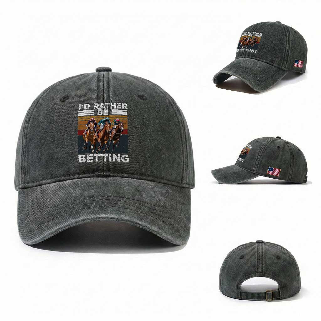 Funny Horse Race Betting Washed Cotton Baseball Cap I'd Rather Be Betting TS11 Washed Cap Universal Fit Dark Green Print Your Wear