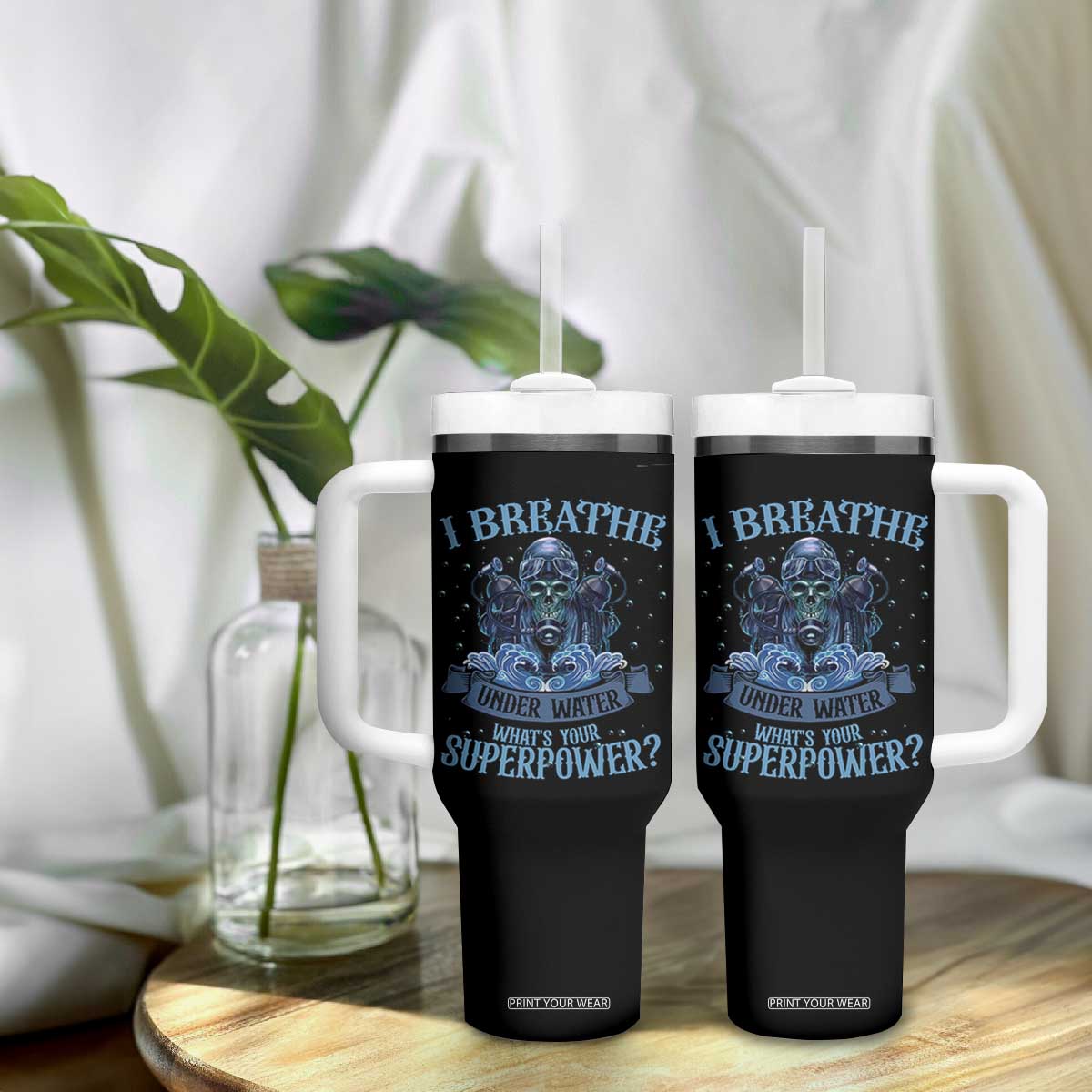 Scuba Diving Tumbler With Handle I Breathe Underwater What's Your Superpower Skull TS11 Print Your Wear
