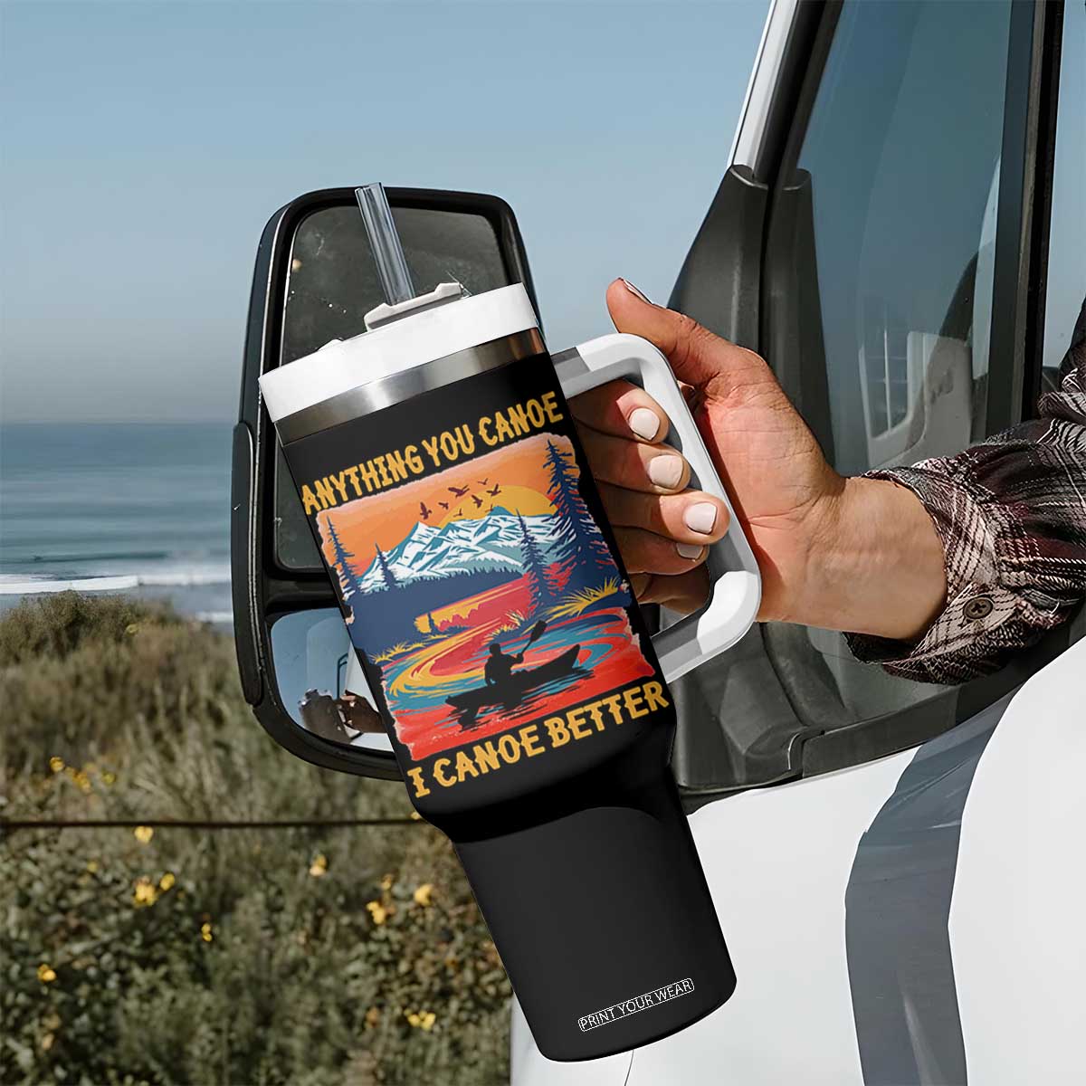 Funny Canoeing Tumbler With Handle Anything You Canoe I Canoe Better Retro Mountain River TS11 Print Your Wear