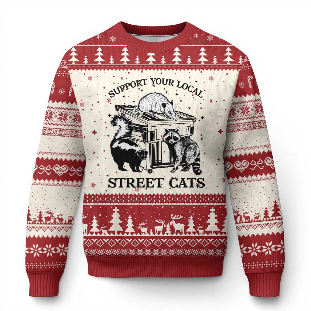 Support Your Local Street Cats Funny Raccoon Opossum Skunk Animal Lover Ugly Christmas Sweater