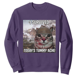 Funny I Survived Todays Tummy Ache Sweatshirt War Cat Meme TS11 Purple Print Your Wear