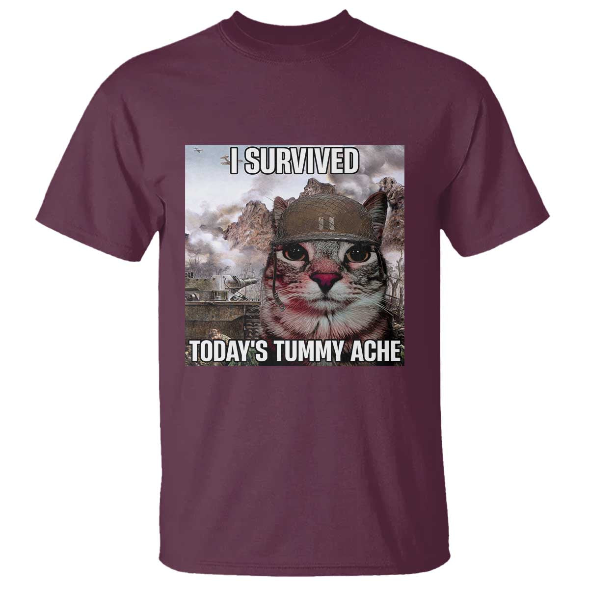 Funny I Survived Todays Tummy Ache T Shirt War Cat Meme TS11 Maroon Print Your Wear