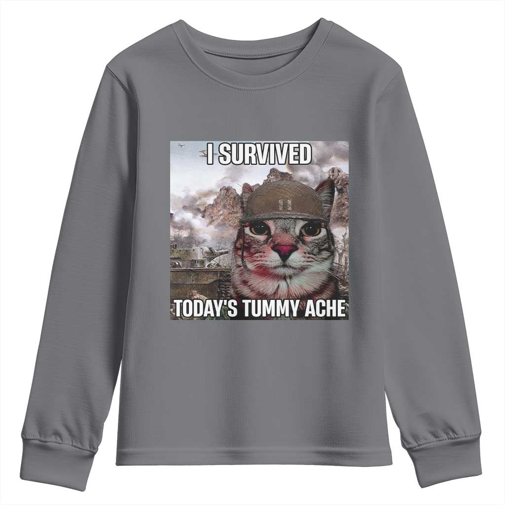 Funny I Survived Todays Tummy Ache Youth Sweatshirt War Cat Meme TS11 Charcoal Print Your Wear