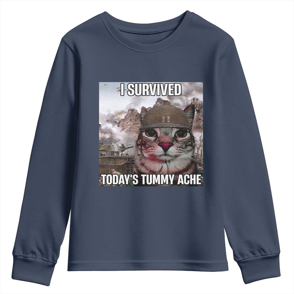 Funny I Survived Todays Tummy Ache Youth Sweatshirt War Cat Meme TS11 Navy Print Your Wear