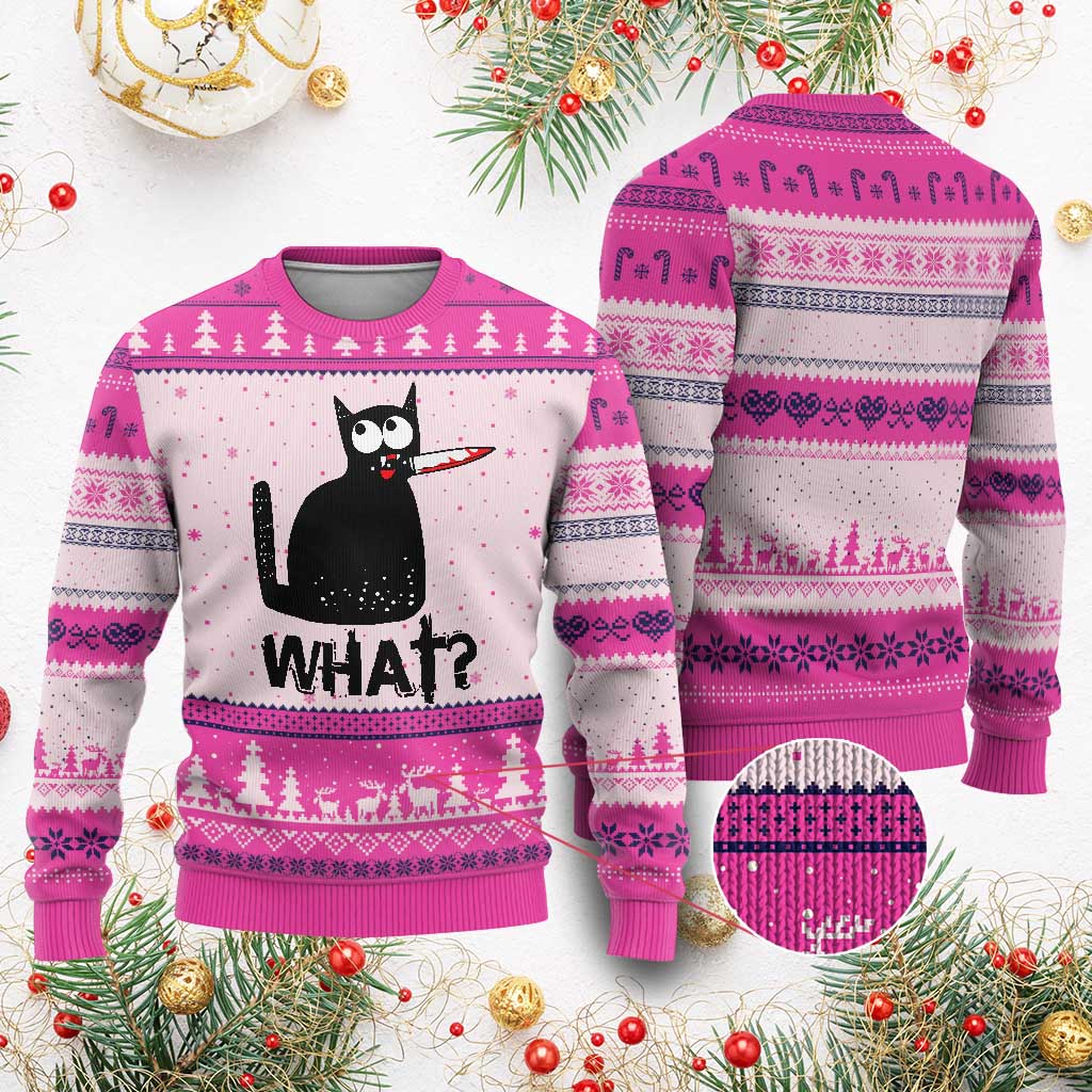 Funny Black Cat Ugly Christmas Sweater What Kitten Murderous TS11 Hot Pink Print Your Wear
