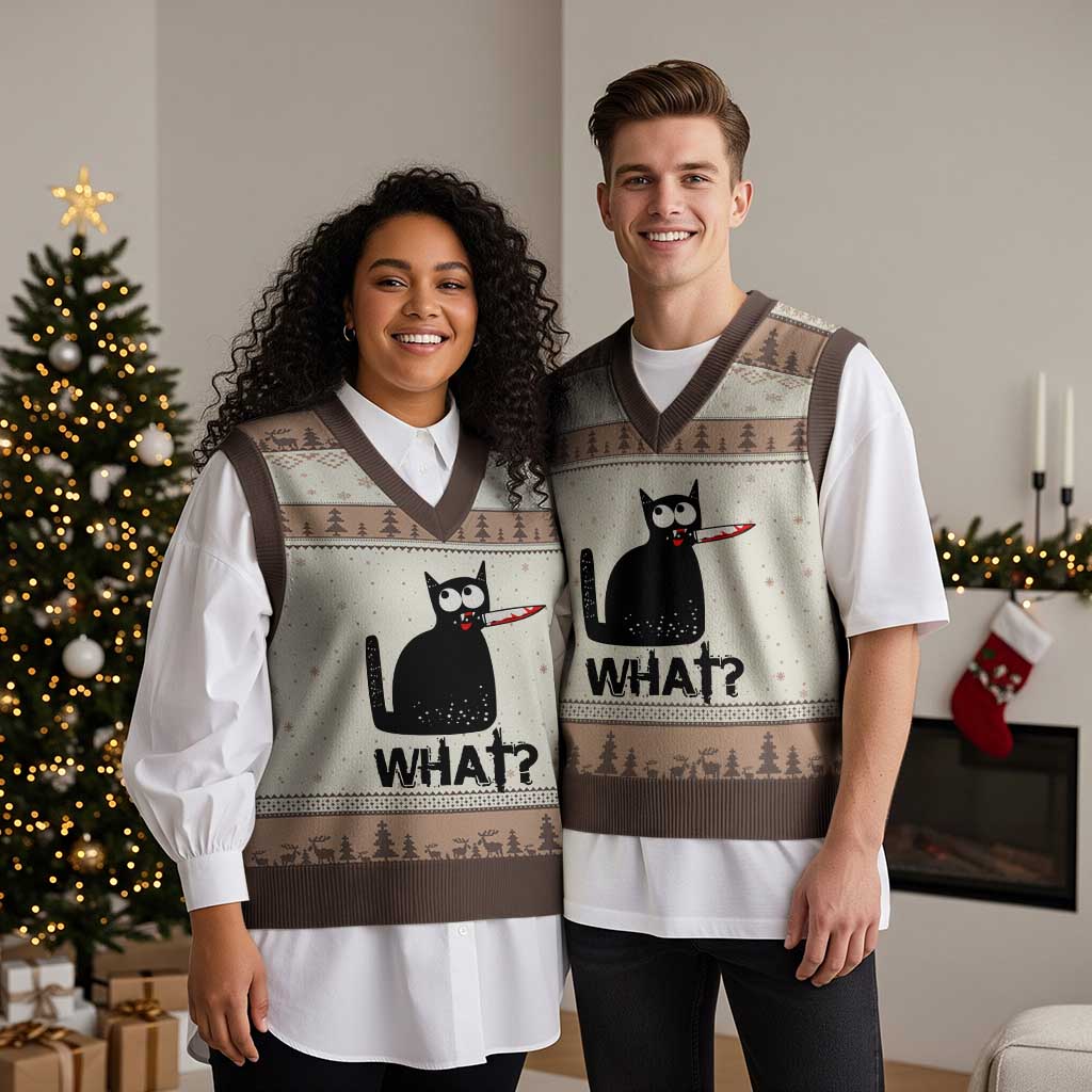 Funny Black Cat V-Neck Knit Sweater Vest What Kitten Murderous TS11 Mocha Mousse Print Your Wear