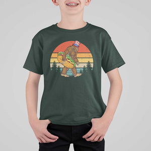 Funny Bigfoot T Shirt For Kid Carrying Hot Dog 4th Of July TS11 Dark Forest Green Print Your Wear