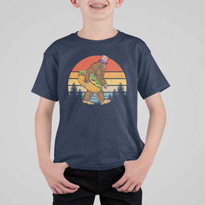 Funny Bigfoot T Shirt For Kid Carrying Hot Dog 4th Of July TS11 Navy Print Your Wear