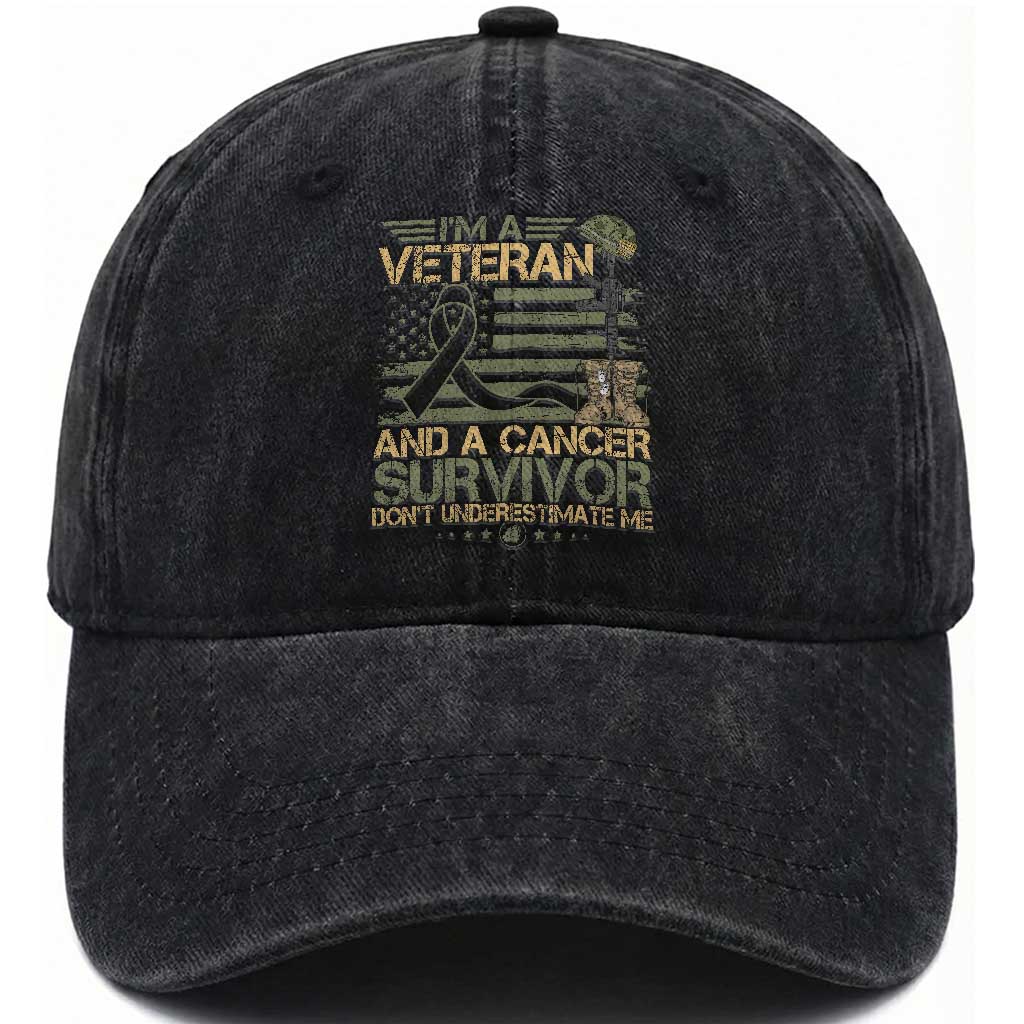 I Am A Veteran And A Cancer Survivor Don't Underestimate Me Washed Cotton Baseball Cap Vintage Camo American Flag TS11 Washed Cap Universal Fit Black Print Your Wear