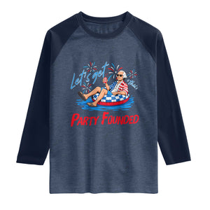 George Washington 4th of July Pool Party Raglan Shirt Let's Get This Party Founded TS11 Heather Denim Navy Print Your Wear