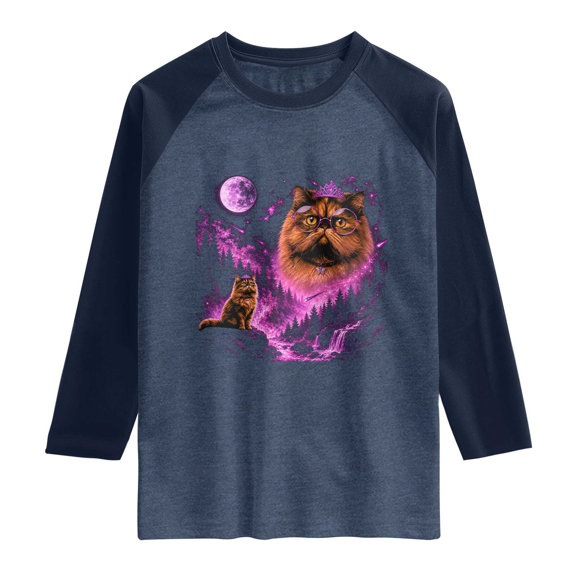 Princess Cat Howling To The Moon Vintage 90s Nature Raglan Shirt TS11 Heather Denim Navy Print Your Wear