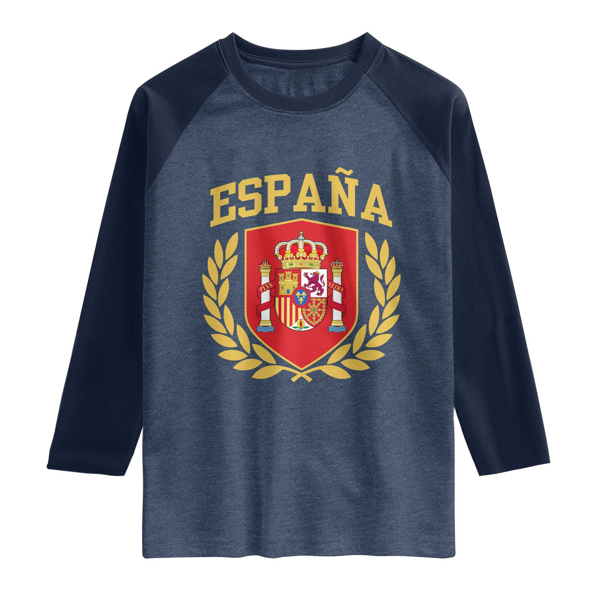 Espana Escudo Retro Spain Coat of Arms Español Raglan Shirt TS11 Heather Denim Navy Print Your Wear
