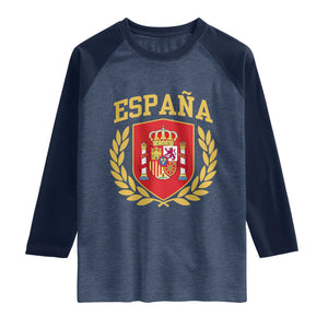 Espana Escudo Retro Spain Coat of Arms Español Raglan Shirt TS11 Heather Denim Navy Print Your Wear