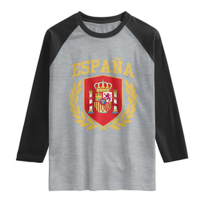 Espana Escudo Retro Spain Coat of Arms Español Raglan Shirt TS11 Heather Gray Black Print Your Wear