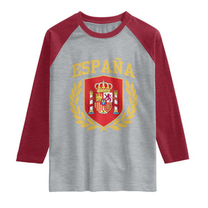 Espana Escudo Retro Spain Coat of Arms Español Raglan Shirt TS11 Heather Gray Heather Red Print Your Wear