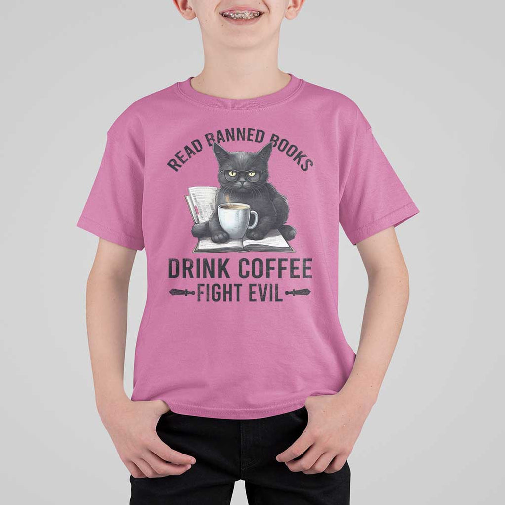 Funny Reading Cat T Shirt For Kid Read Banned Books Drink Coffee Fight Evil BookWorm TS11 Azalea Print Your Wear