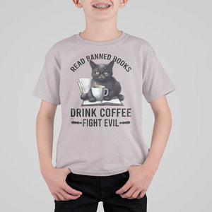 Funny Reading Cat T Shirt For Kid Read Banned Books Drink Coffee Fight Evil BookWorm TS11 Ice Gray Print Your Wear