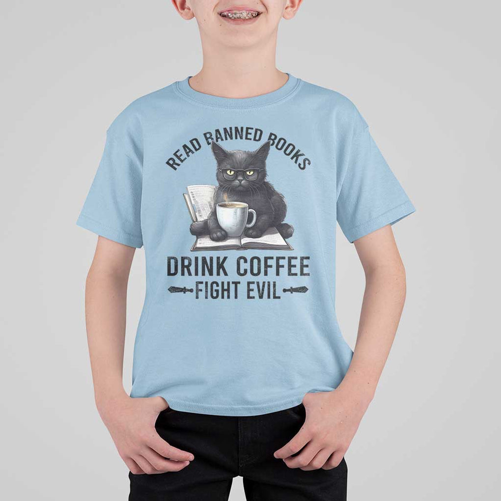 Funny Reading Cat T Shirt For Kid Read Banned Books Drink Coffee Fight Evil BookWorm TS11 Light Blue Print Your Wear