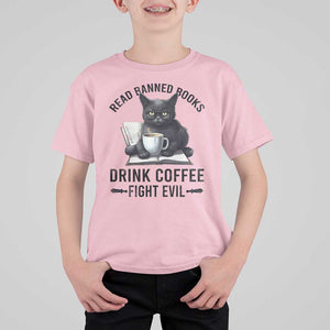 Funny Reading Cat T Shirt For Kid Read Banned Books Drink Coffee Fight Evil BookWorm TS11 Light Pink Print Your Wear
