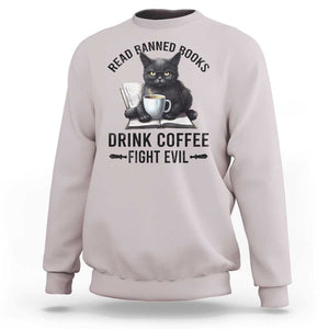 Funny Reading Cat Sweatshirt Read Banned Books Drink Coffee Fight Evil BookWorm TS11 Ice Gray Print Your Wear