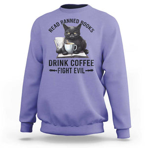 Funny Reading Cat Sweatshirt Read Banned Books Drink Coffee Fight Evil BookWorm TS11 Violet Print Your Wear