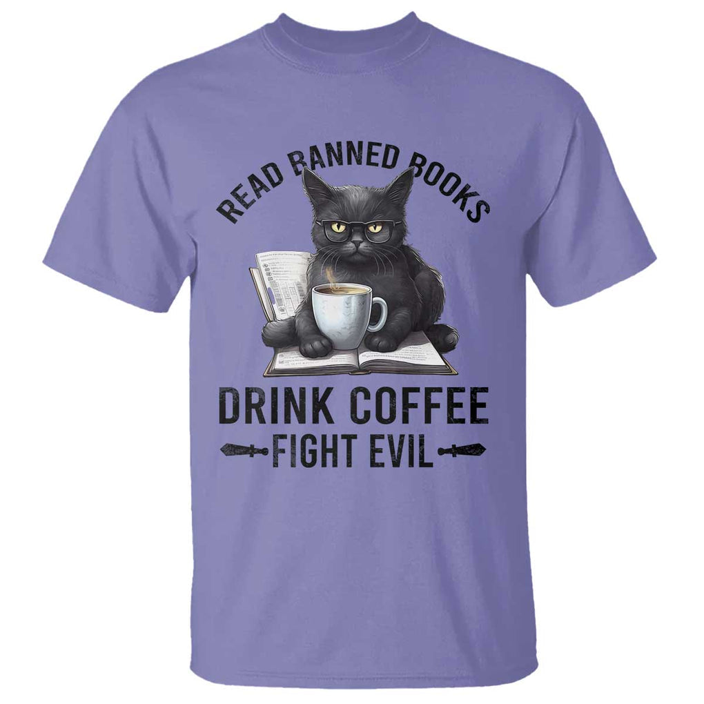 Funny Reading Cat T Shirt Read Banned Books Drink Coffee Fight Evil BookWorm TS11 Violet Print Your Wear