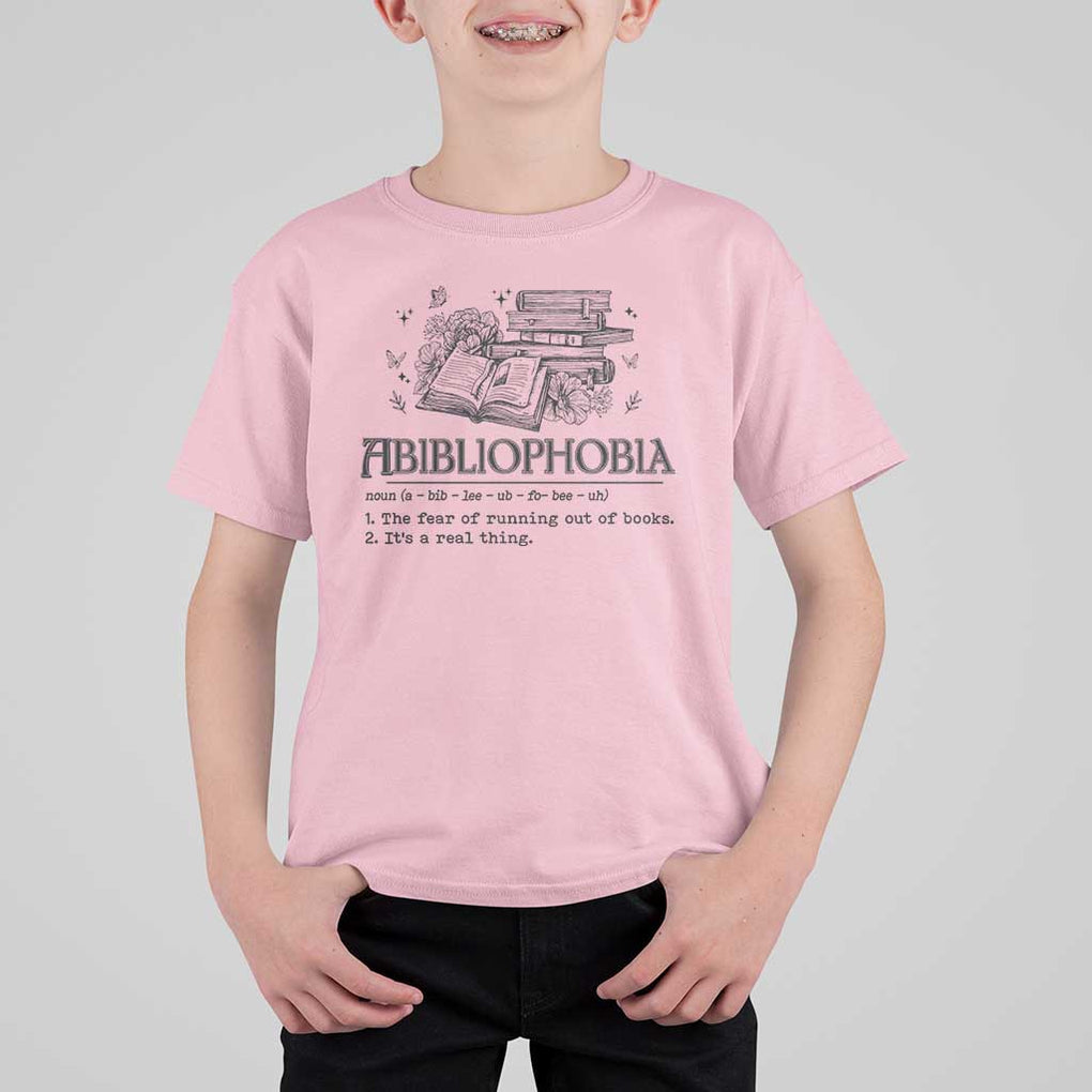 Funny Reading T Shirt For Kid Abibliophobia Bookworm Reader Butterfly Flower TS11 Light Pink Print Your Wear