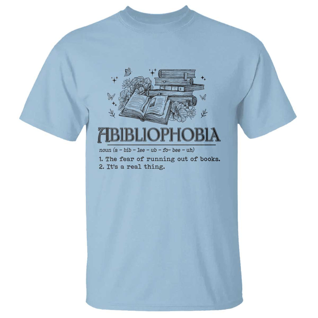 Funny Reading T Shirt Abibliophobia Bookworm Reader Butterfly Flower TS11 Light Blue Print Your Wear