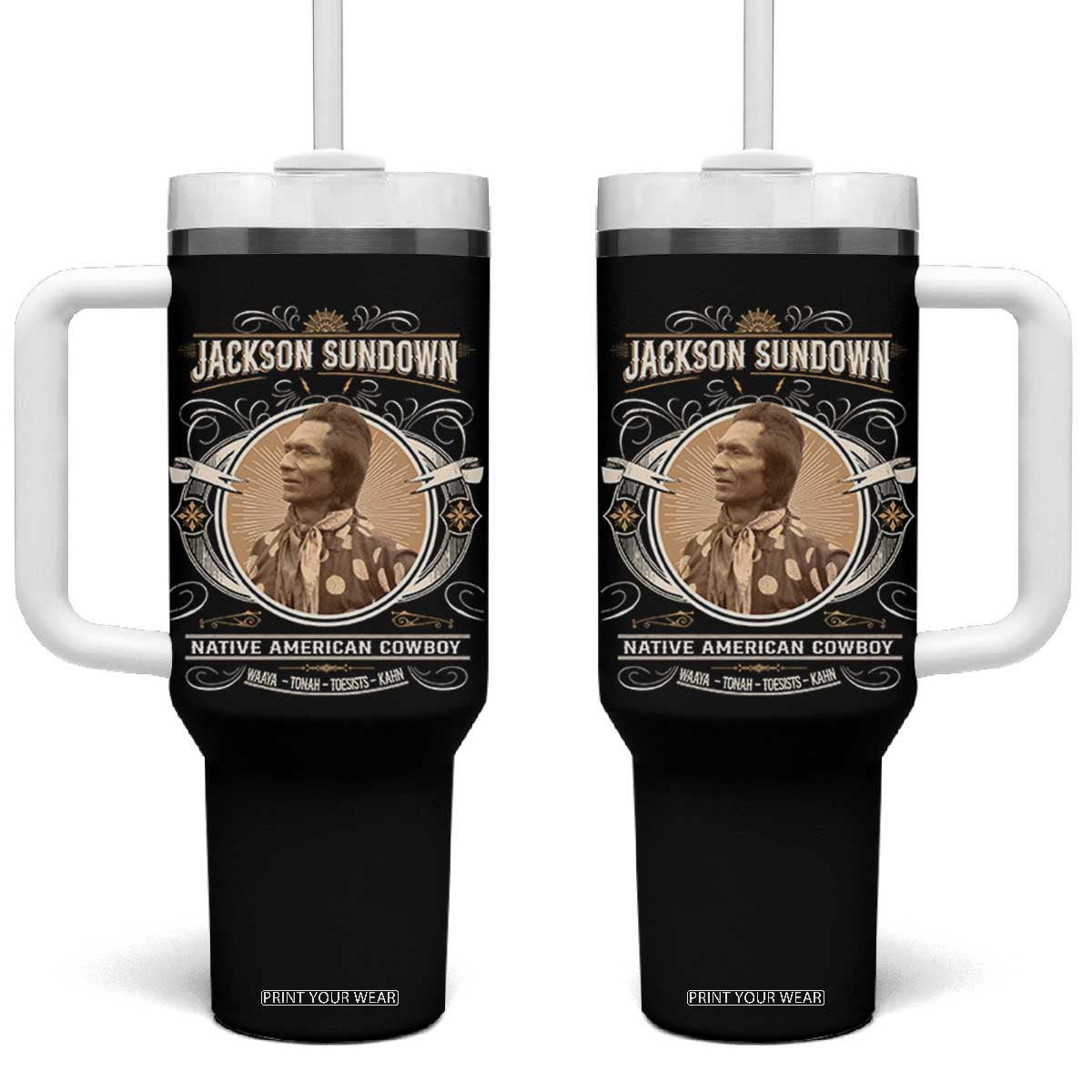 Jackson Sundown Tumbler With Handle Native American Cowboy Western Country TS11 One Size: 40 oz Black Print Your Wear