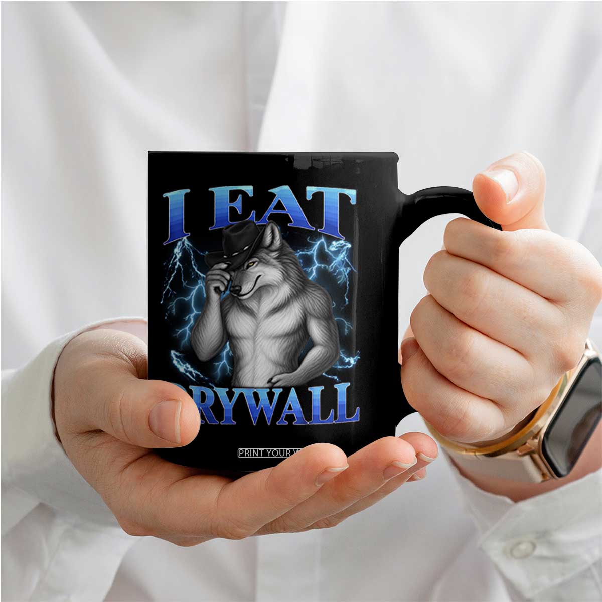 I Eat Drywall Funny Alpha Wolf Coffee Mug Stupid Brainrot Meme Edging Werewolf Boootleg Graphic TS11 Print Your Wear