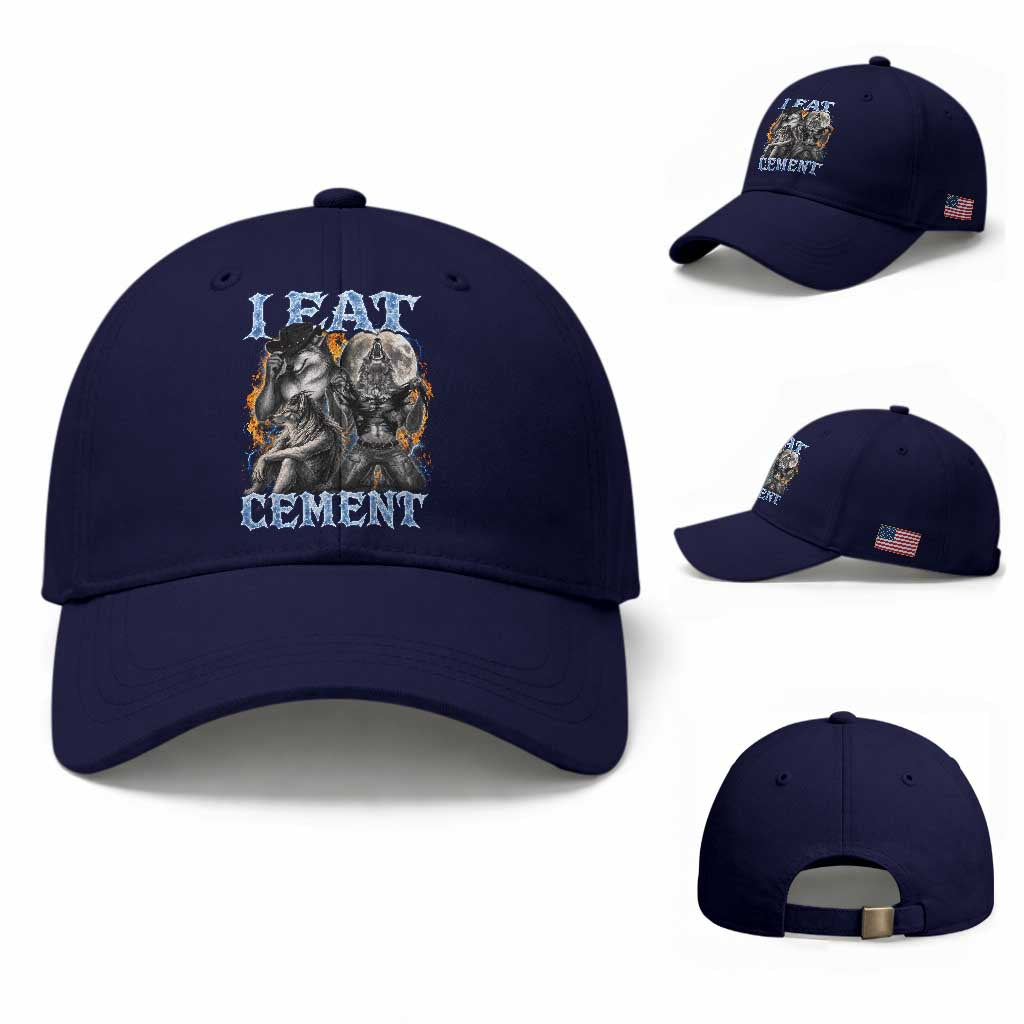 I Eat Cement Funny Alpha Wolf Meme Baseball Cap Stupid Brainrot Meme Edging Werewolf Boootleg Graphic TS11 Baseball Cap Universal Fit Dark Blue Print Your Wear
