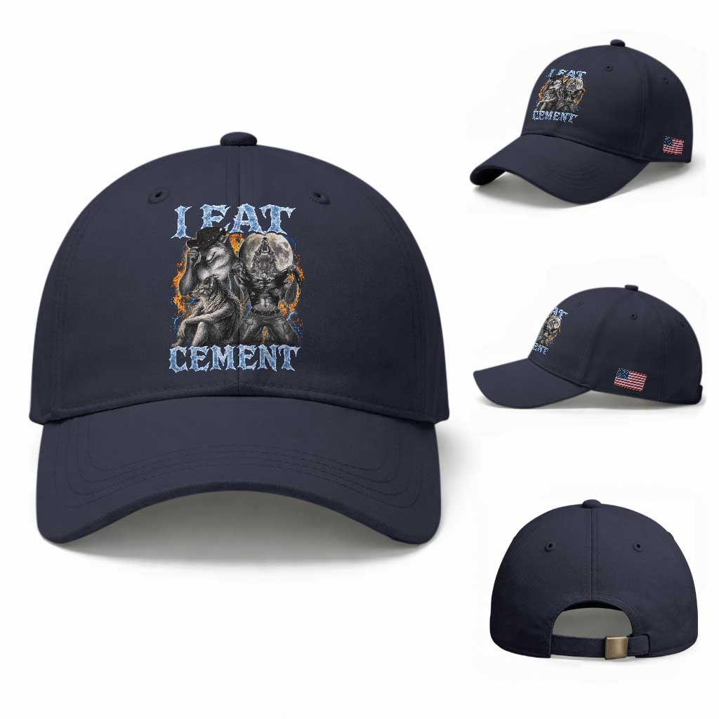 I Eat Cement Funny Alpha Wolf Meme Baseball Cap Stupid Brainrot Meme Edging Werewolf Boootleg Graphic TS11 Baseball Cap Universal Fit Navy Print Your Wear