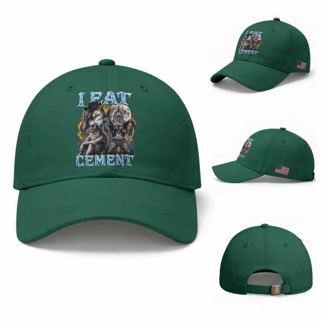 I Eat Cement Funny Alpha Wolf Meme Baseball Cap Stupid Brainrot Meme Edging Werewolf Boootleg Graphic TS11 Baseball Cap Universal Fit Irish Green Print Your Wear