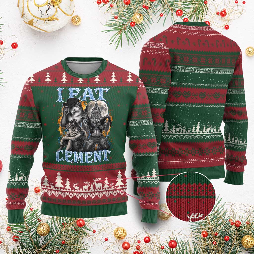 I Eat Cement Funny Alpha Wolf Meme Ugly Christmas Sweater Stupid Brainrot Meme Edging Werewolf Boootleg Graphic TS11 Red Green Print Your Wear